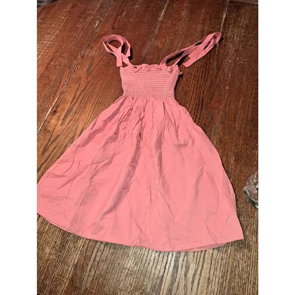 New Girls Size 7 Coral Pink Shoulder Tie Sundress Shirred Dress Sleeveless